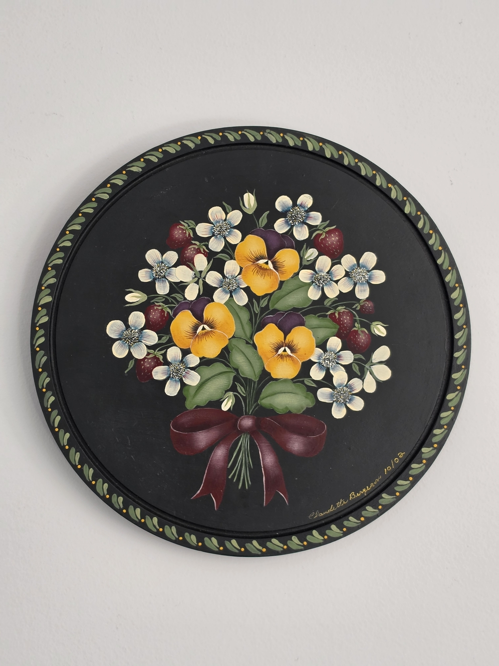 Vintage Moody Dark Green Floral Bouquet Wall Art with Yellow Pansies and Red Bow - Picture 2 of 12